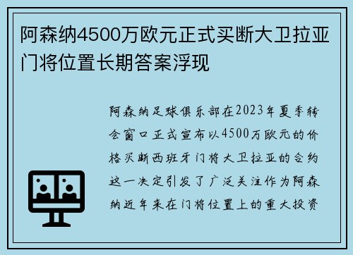 阿森纳4500万欧元正式买断大卫拉亚门将位置长期答案浮现