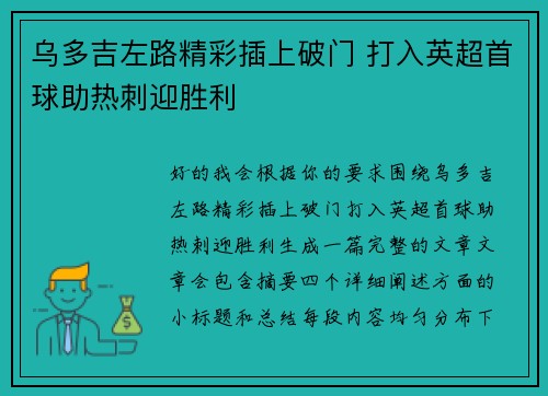 乌多吉左路精彩插上破门 打入英超首球助热刺迎胜利