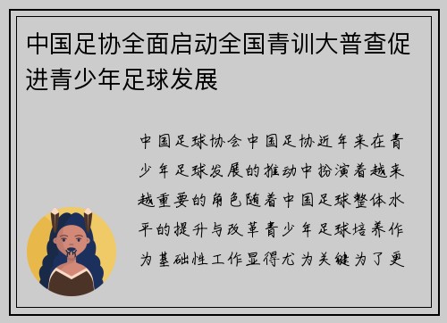 中国足协全面启动全国青训大普查促进青少年足球发展 中国足协全面启动全国青训大普查促进青少年足球发展